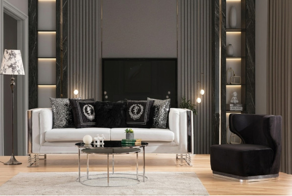 White-Black Sofa Set Living Room Sofas Three-Seater Upholstered Armchair