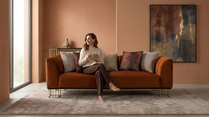 Living room seating furniture Orange 3-seater luxurious couch Metal legs