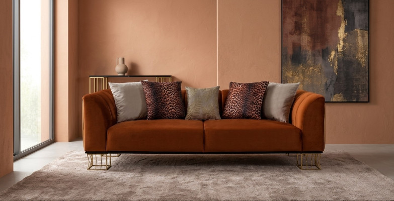 Living room seating furniture Orange 3-seater luxurious couch Metal legs