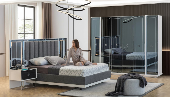Designer bedroom set double beds nightstand wardrobe