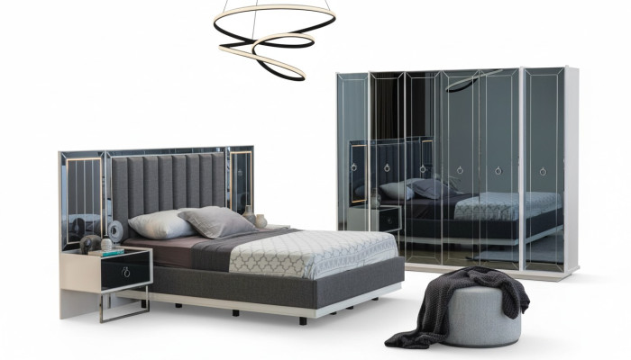 Designer bedroom set double beds nightstand wardrobe