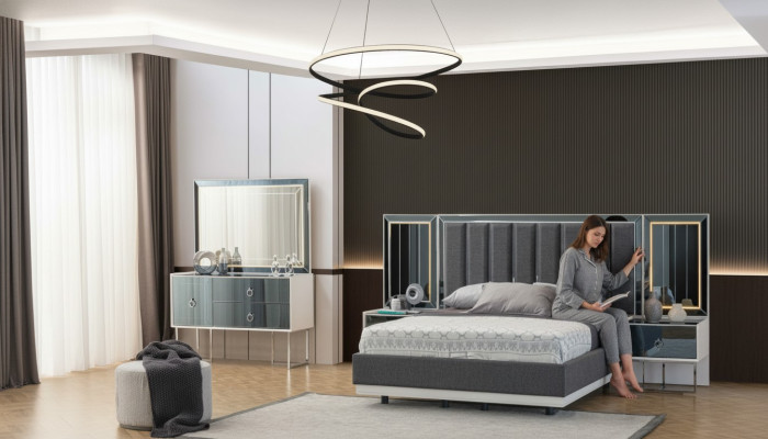 Modern gray-white bedroom furniture wooden nightstands double bed 5-piece set
