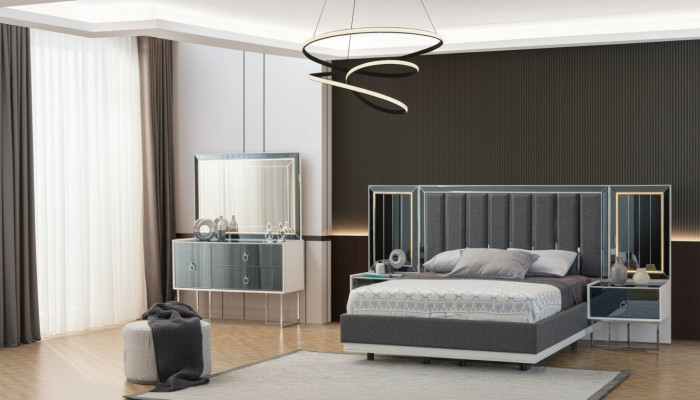 Modern gray-white bedroom furniture wooden nightstands double bed 5-piece set