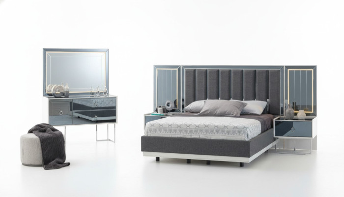Modern gray-white bedroom furniture wooden nightstands double bed 5-piece set