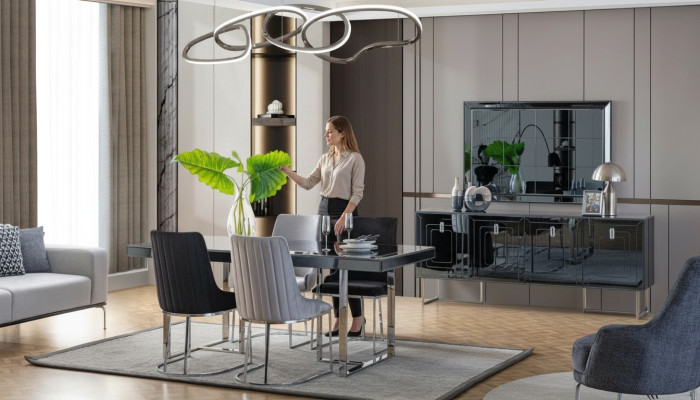 Modern dining room furniture wooden dining table 4x fabric chairs sideboard mirror