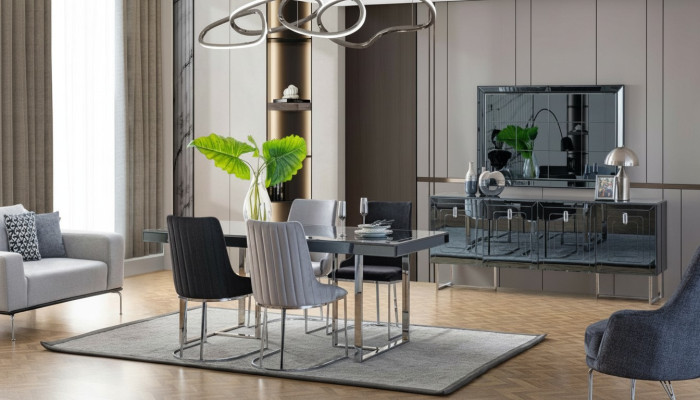 Modern dining room furniture wooden dining table 4x fabric chairs sideboard mirror