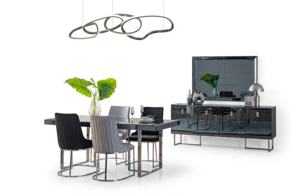 Modern dining room furniture wooden dining table 4x fabric chairs sideboard mirror
