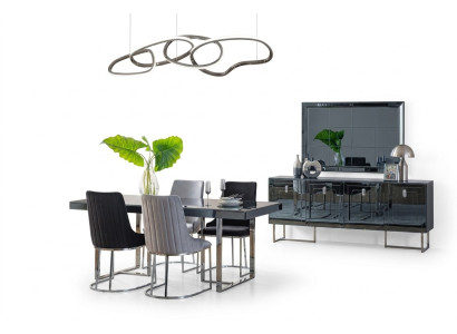 Modern dining room furniture wooden dining table 4x fabric chairs sideboard mirror