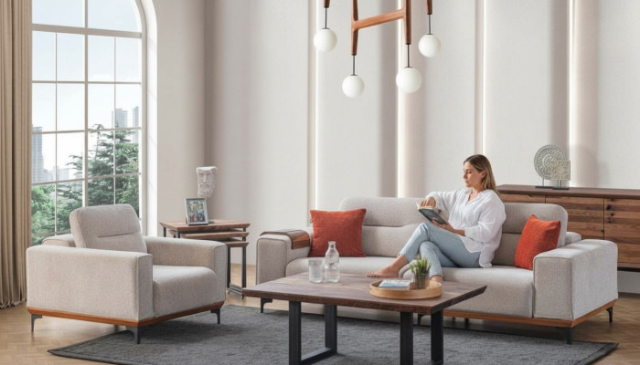 White upholstered sofa set three-seater armchair coffee table side tables