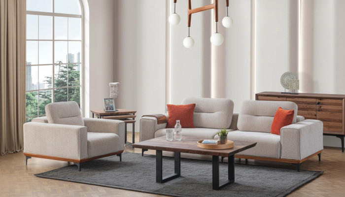 White upholstered sofa set three-seater armchair coffee table side tables