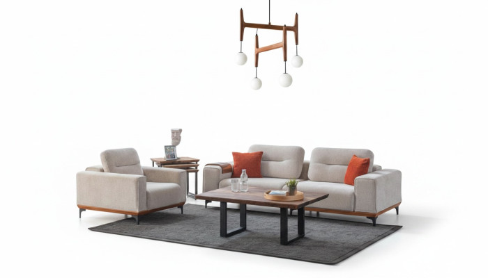 White upholstered sofa set three-seater armchair coffee table side tables