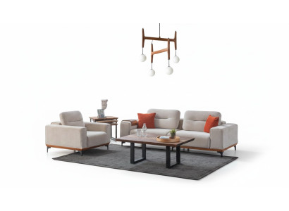 White upholstered sofa set three-seater armchair coffee table side tables