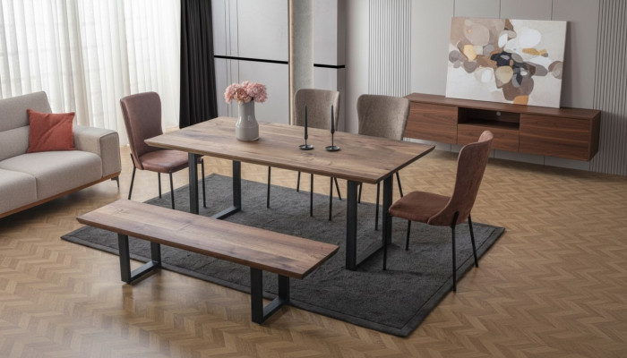 Brown dining room furniture, luxurious dining table, 4 upholstered chairs, wooden bench