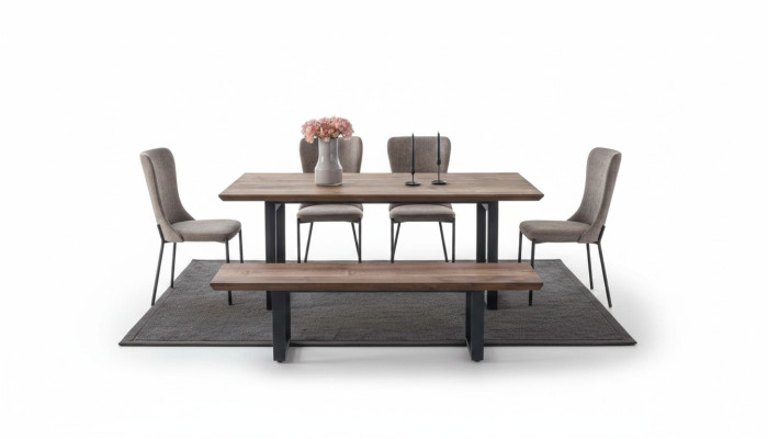 Brown dining room furniture, luxurious dining table, 4 upholstered chairs, wooden bench