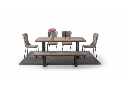 Brown dining room furniture, luxurious dining table, 4 upholstered chairs, wooden bench
