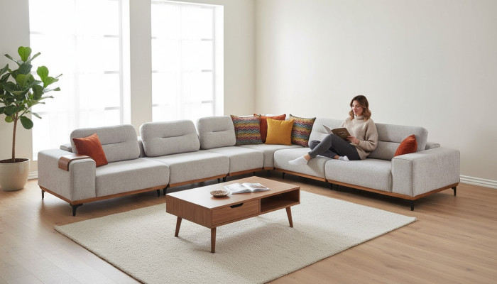 Gray corner sofa exclusive L-shape set luxurious living room furniture
