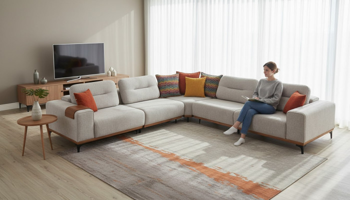 White Exclusive L-Shape Upholstered Sofa Designer Corner Sofa Living Room Seat