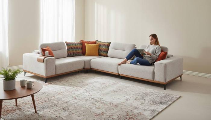 White corner sofa, modern L-shaped couch, living room upholstered sofas, wood frame
