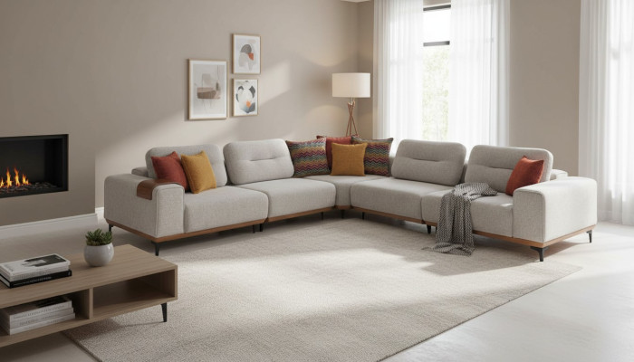 White corner sofa, modern L-shaped couch, living room upholstered sofas, wood frame