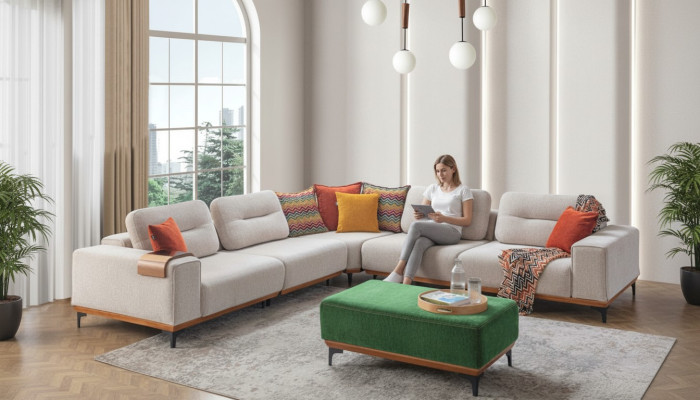 Designer living room set consists of a 2-piece L-shaped corner sofa and stool.