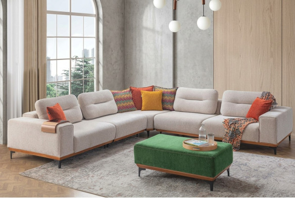Designer living room set consists of a 2-piece L-shaped corner sofa and stool.