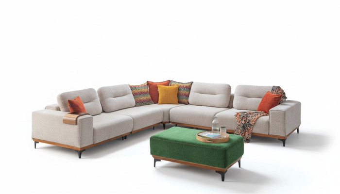 Designer living room set consists of a 2-piece L-shaped corner sofa and stool.