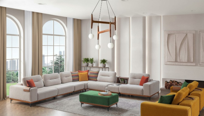 Designer living room corner sofa luxury L-shaped couch upholstery stool 2-piece new