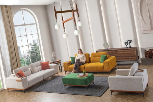 Large living room set with 3 fabric sofas, an upholstered stool, and 3 side tables.