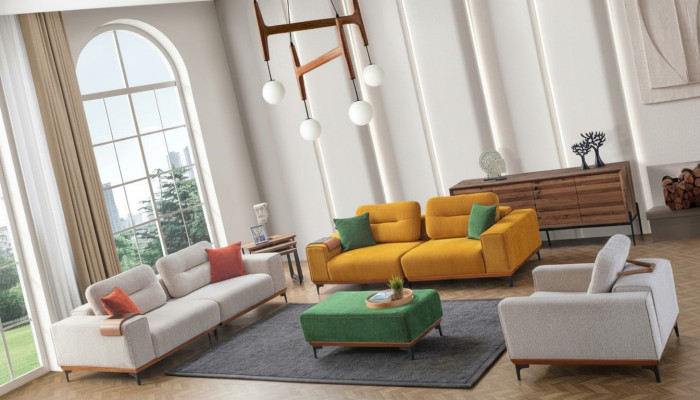 Large living room set with 3 fabric sofas, an upholstered stool, and 3 side tables.