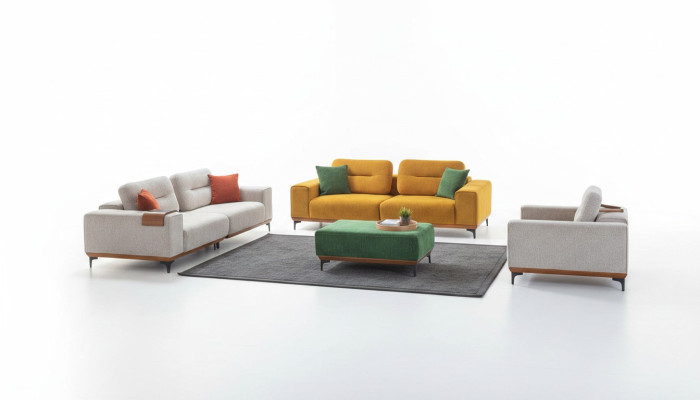Large living room set with 3 fabric sofas, an upholstered stool, and 3 side tables.