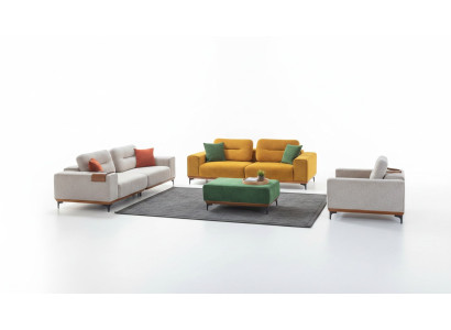 Large living room set with 3 fabric sofas, an upholstered stool, and 3 side tables.