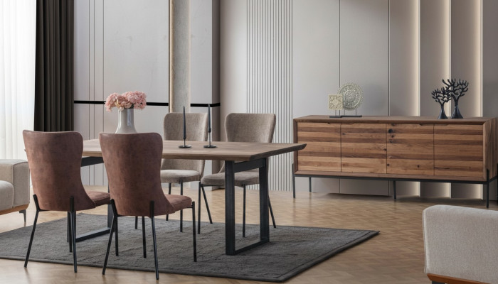 Brown dining room set luxury rectangular dining table 4x chairs sideboard