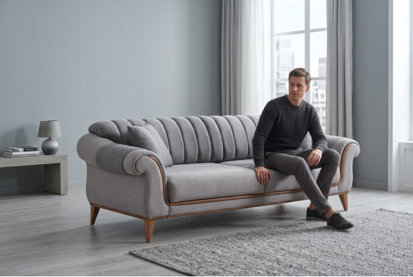 Gray Sofa Designer Living Room 3-Seater Wooden Frame Textile Couches