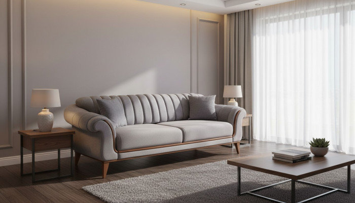 Gray Sofa Designer Living Room 3-Seater Wooden Frame Textile Couches