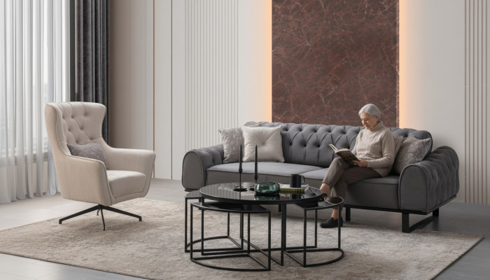 Gray Chesterfield Three-Seater Luxurious Upholstery White Armchair 2-Piece Set