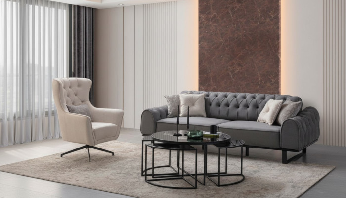 Gray Chesterfield Three-Seater Luxurious Upholstery White Armchair 2-Piece Set