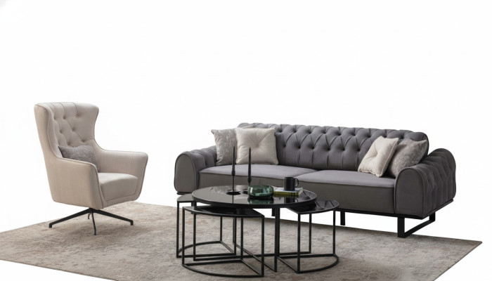 Gray Chesterfield Three-Seater Luxurious Upholstery White Armchair 2-Piece Set
