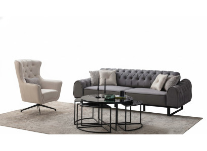 Gray Chesterfield Three-Seater Luxurious Upholstery White Armchair 2-Piece Set