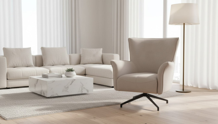 Beige living room single designer relaxation upholstered armchair with metal legs