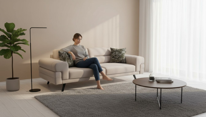Light beige 3-seater living room sofa luxurious upholstered couches