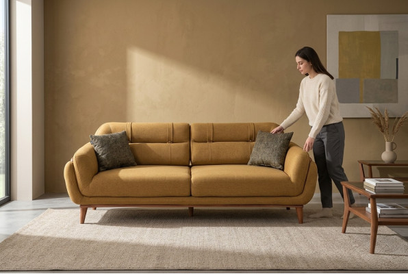 Brown upholstered sofa textile couch living room seat exclusive three-seater