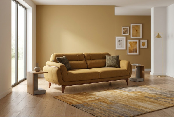 Brown upholstered sofa textile couch living room seat exclusive three-seater