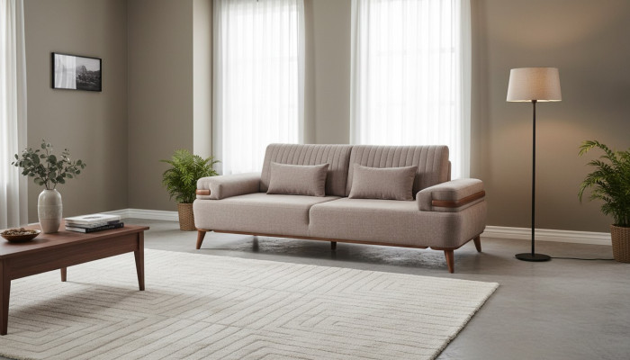 Designer beige 3-seater sofa living room wood frame luxurious couch