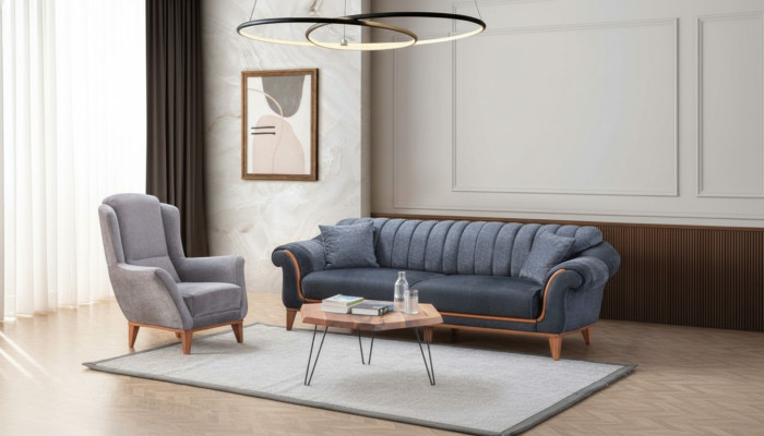 Blue-Grey Living Room Seating Set Stylish 3-Seater Luxury Armchair 2-piece Set