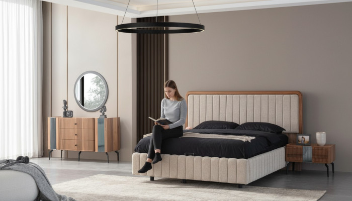 Bright bedroom furniture double bed dressing table mirror 2x nightstands
