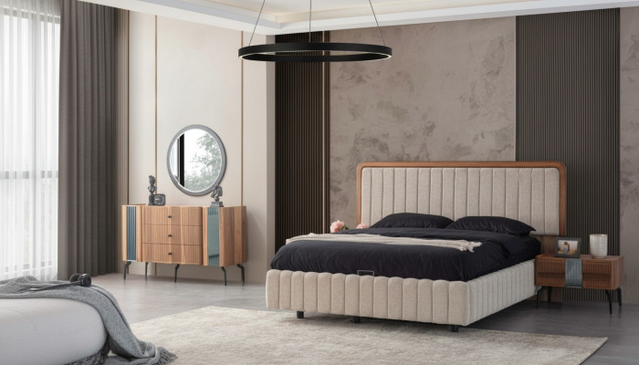 Bright bedroom furniture double bed dressing table mirror 2x nightstands