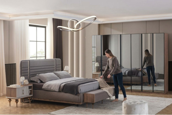 Modern bedroom furniture set double bed nightstands glass cabinet
