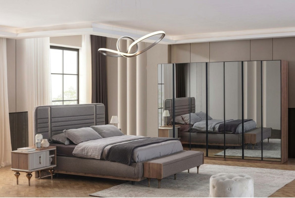 Modern bedroom furniture set double bed nightstands glass cabinet
