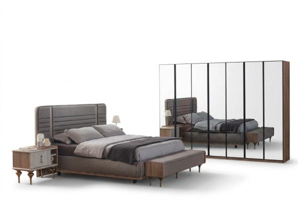 Modern bedroom furniture set double bed nightstands glass cabinet