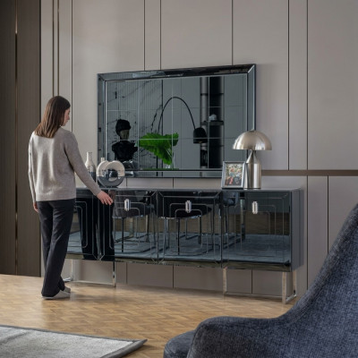 Gray dining room furniture, glass mirror, designer stainless steel sideboard, luxury set